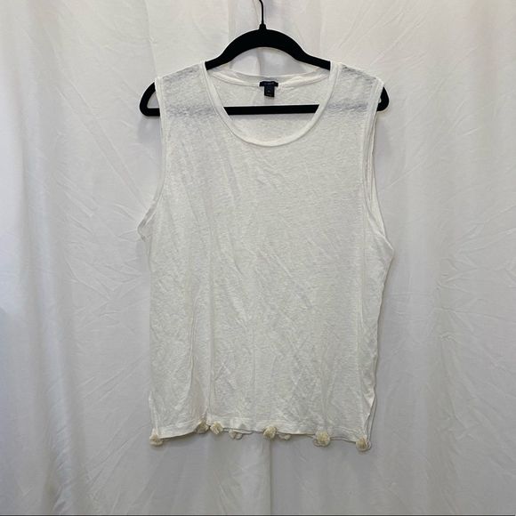 J. Crew linen white tank top with cute cream pom pom detail at hem, size M